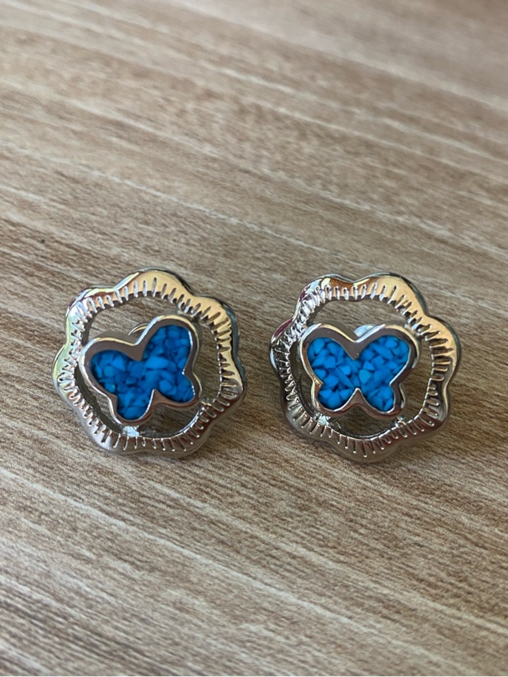 Trifari marked Silver Tone Butterfly Inlay Stud Earrings - Turquoise Inlay